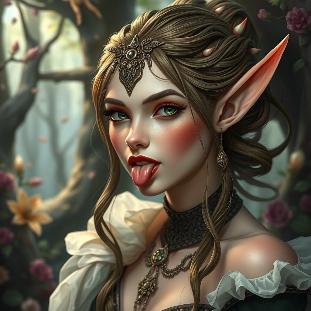 Hyperrealistic Elf Woman in Lush Fantasy Setting