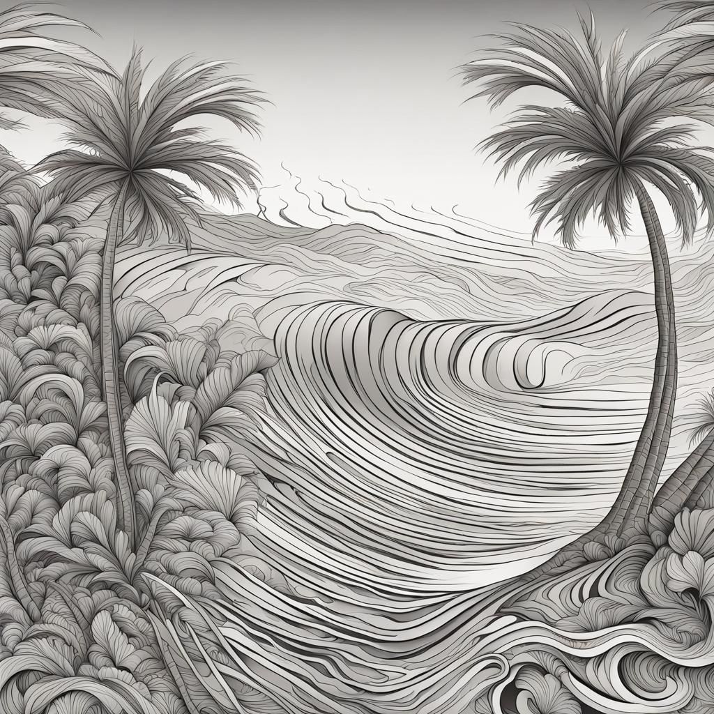 Haida Art Beach Scene with Palm Trees