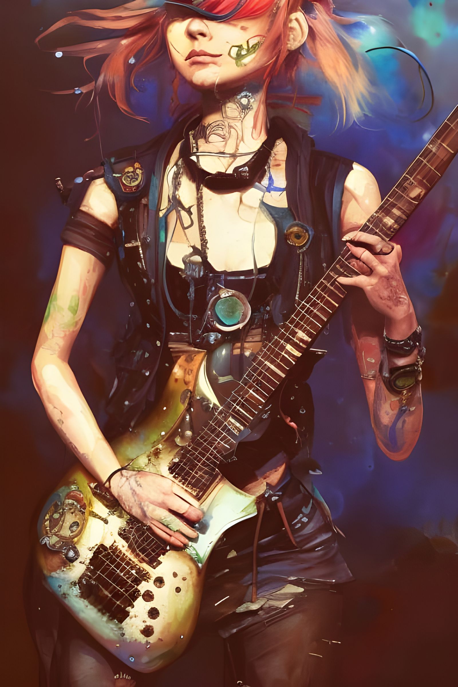 Steampunk Girl Rocks Electric Guitar: Watercolour Art