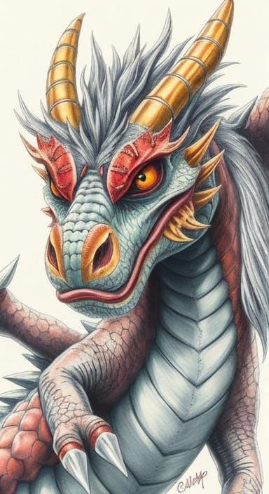 Ferocious Dragon with Unkempt Hair in Charcoal