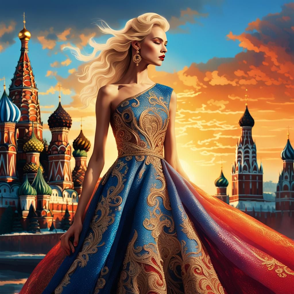 Russian Model in Evening Gown at Moscow Sunset