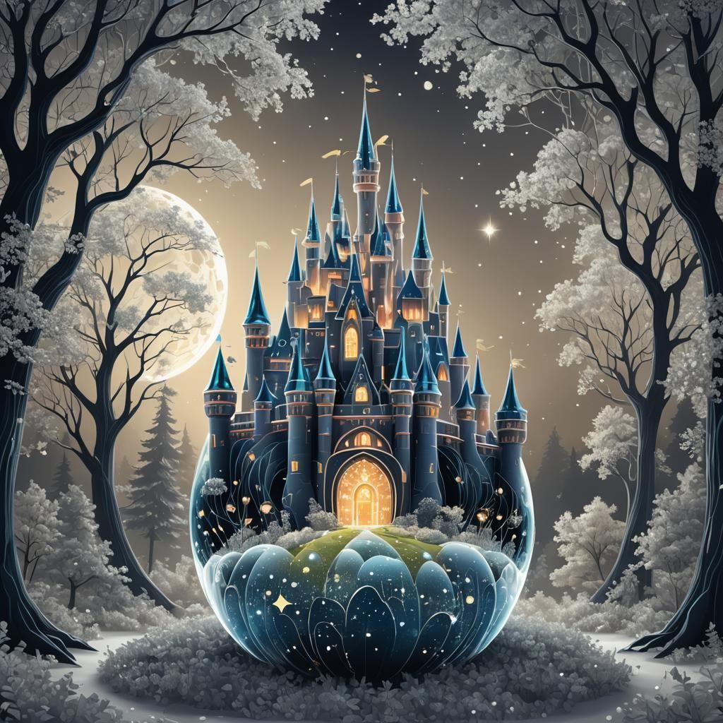 A castle and Cinderella inside a crystal apple in the forest...