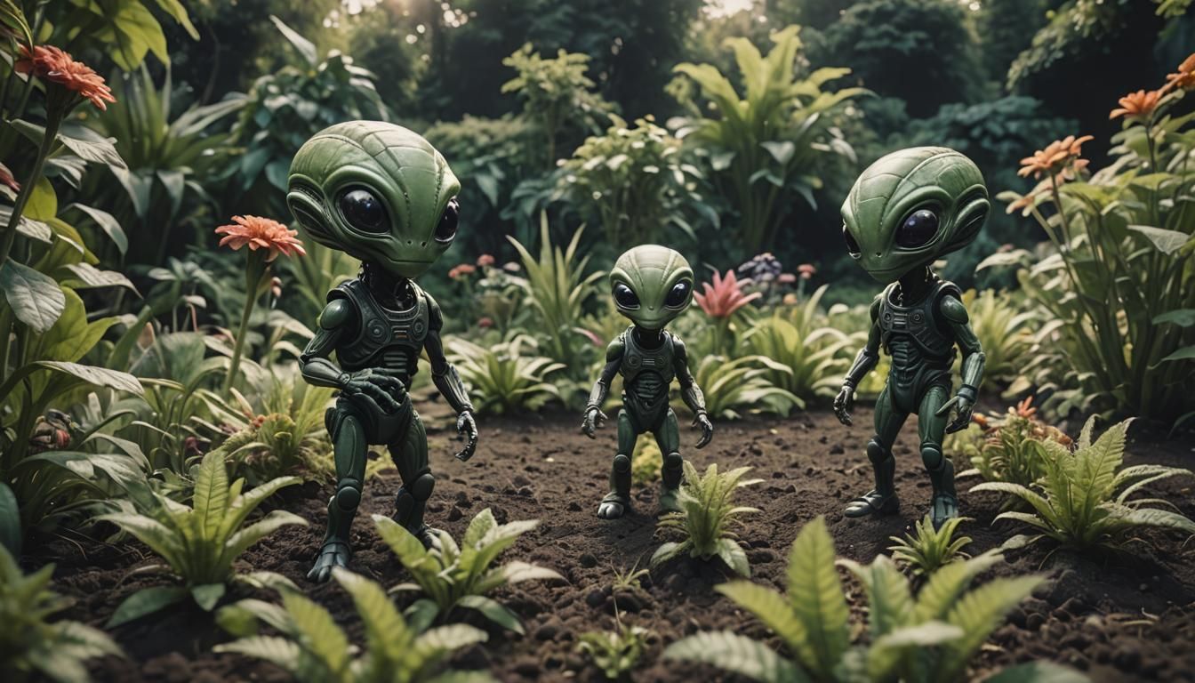 Mini Aliens Encounter in Garden Film Still