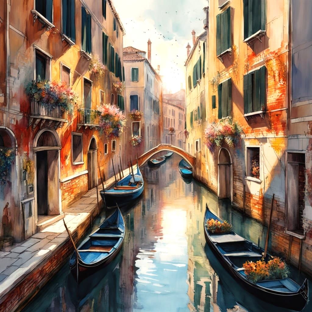 Venice Canal in Watercolor Style