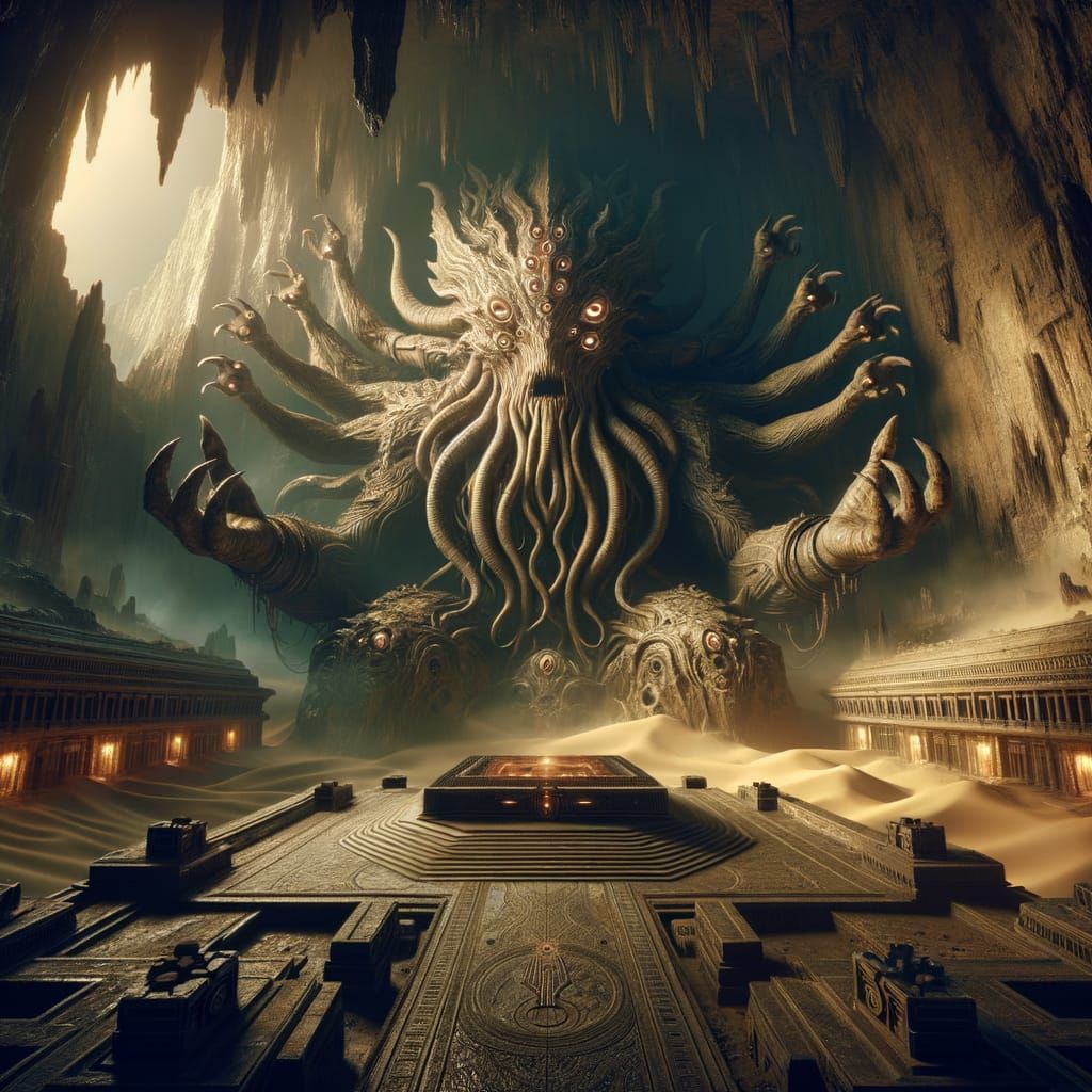 Intimidating Alien Statue in Desert Cavern