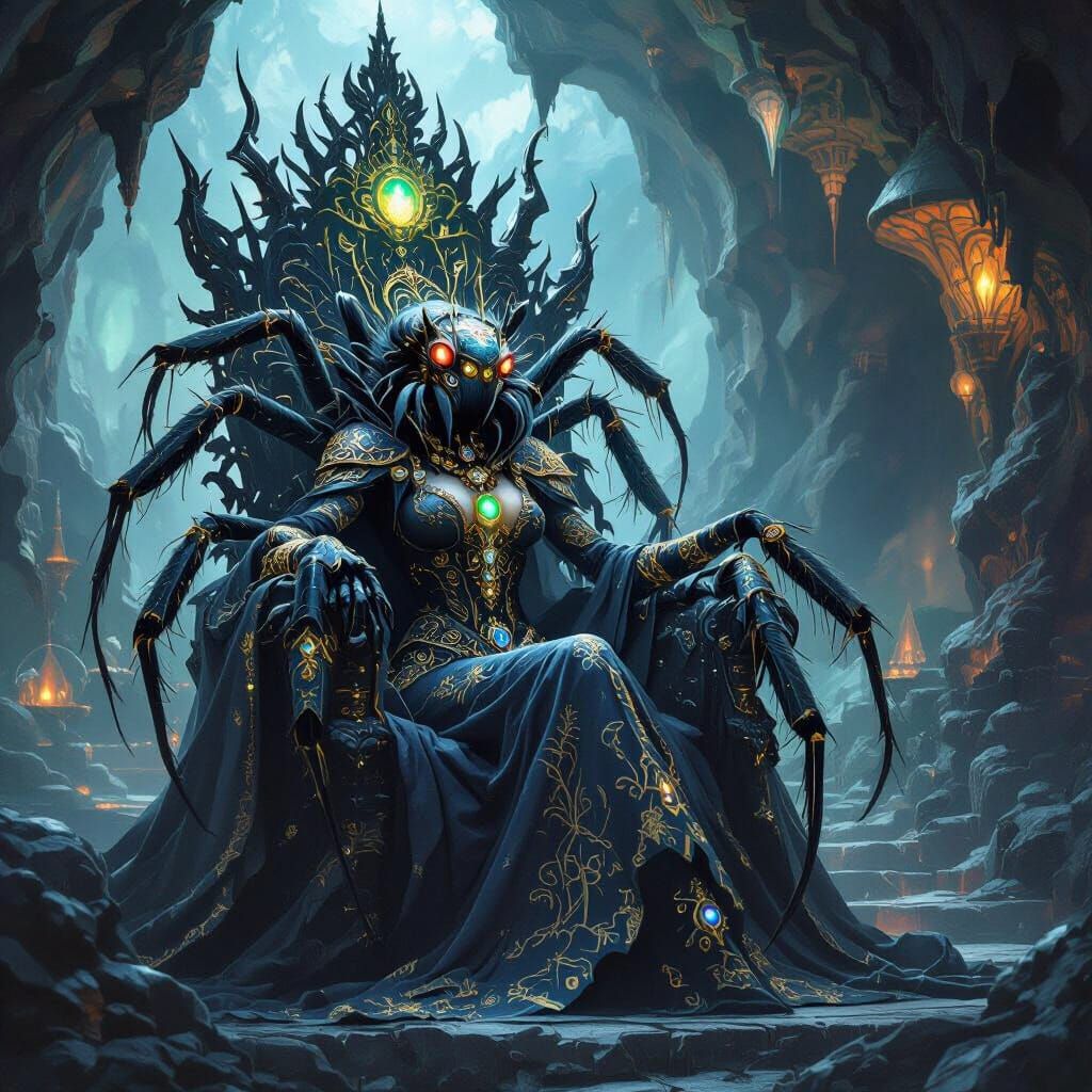 Regal Humanoid Tarantula Queen in Dark Fantasy Concept Art