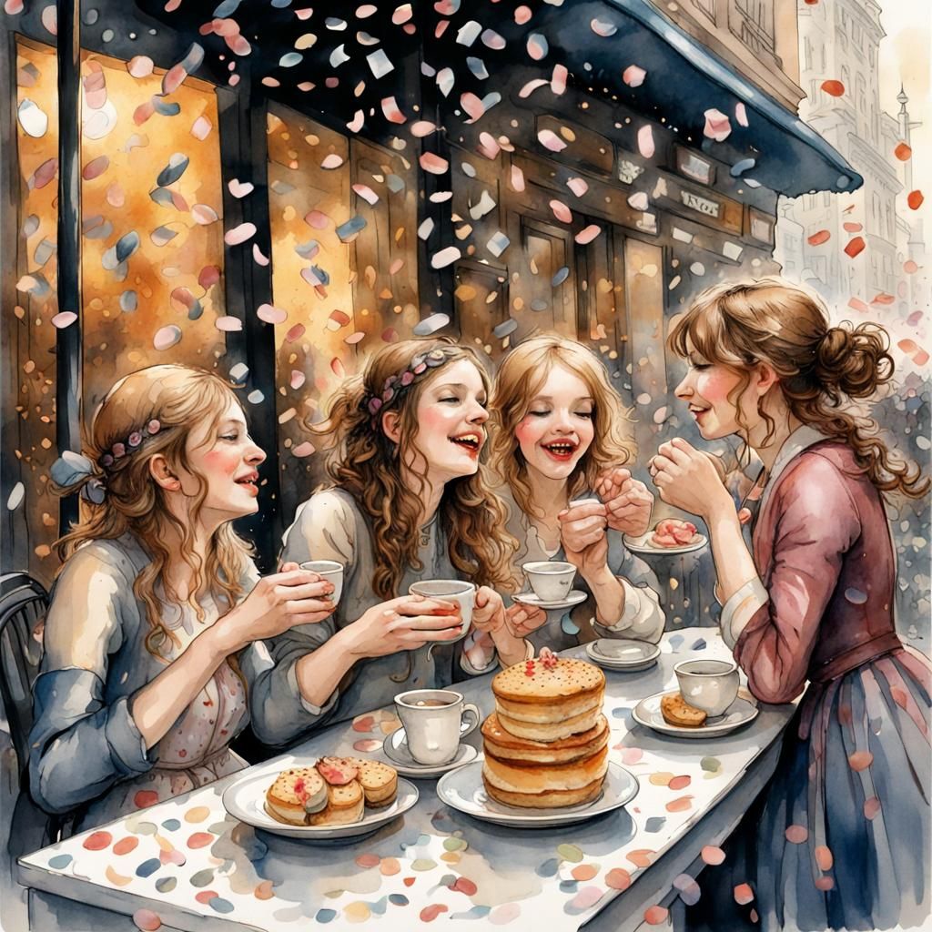 Confetti Rains on Café Celebration: Watercolour Illustration