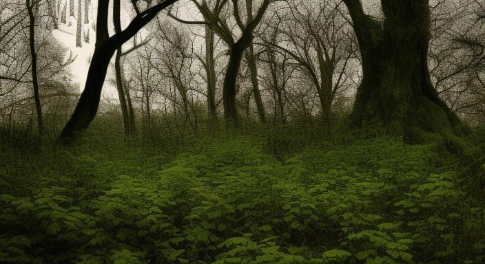 Gothic Manor in Overgrown Forest at Night