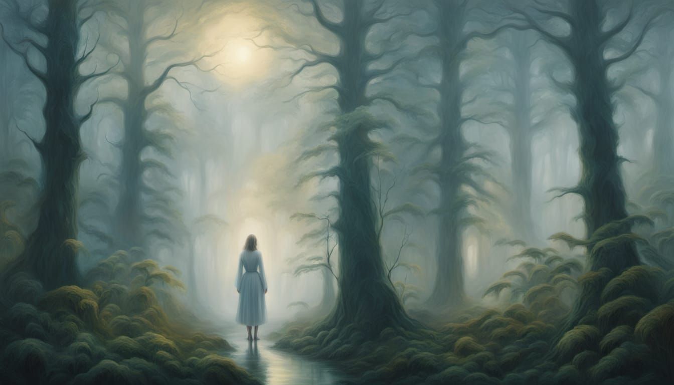 Ethereal Figure in Forest: Surreal Oil Painting