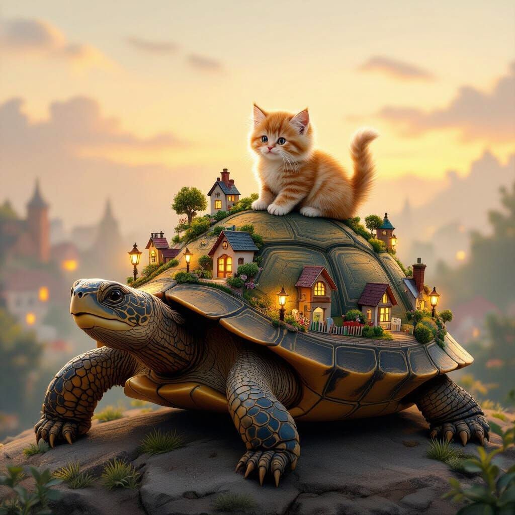 Ancient Turtle Carries Whimsical Neighborhood With Kitten At...