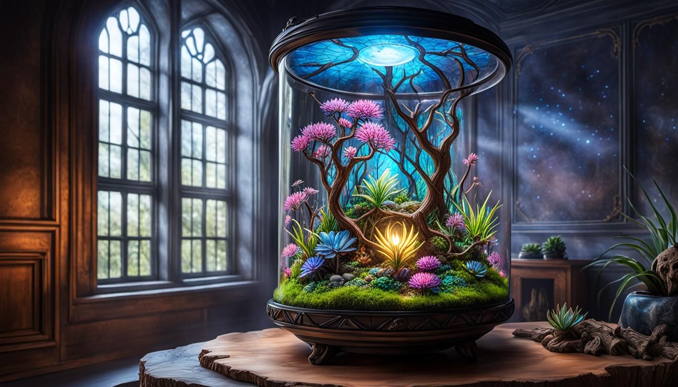 Futuristic Bioluminescent Terrarium Ecosystem in Stained Gla...