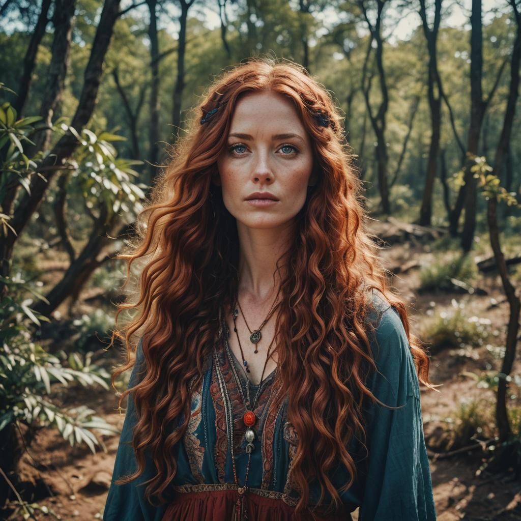 Red-Haired Woman in Boho Style: Cinematic Portrait