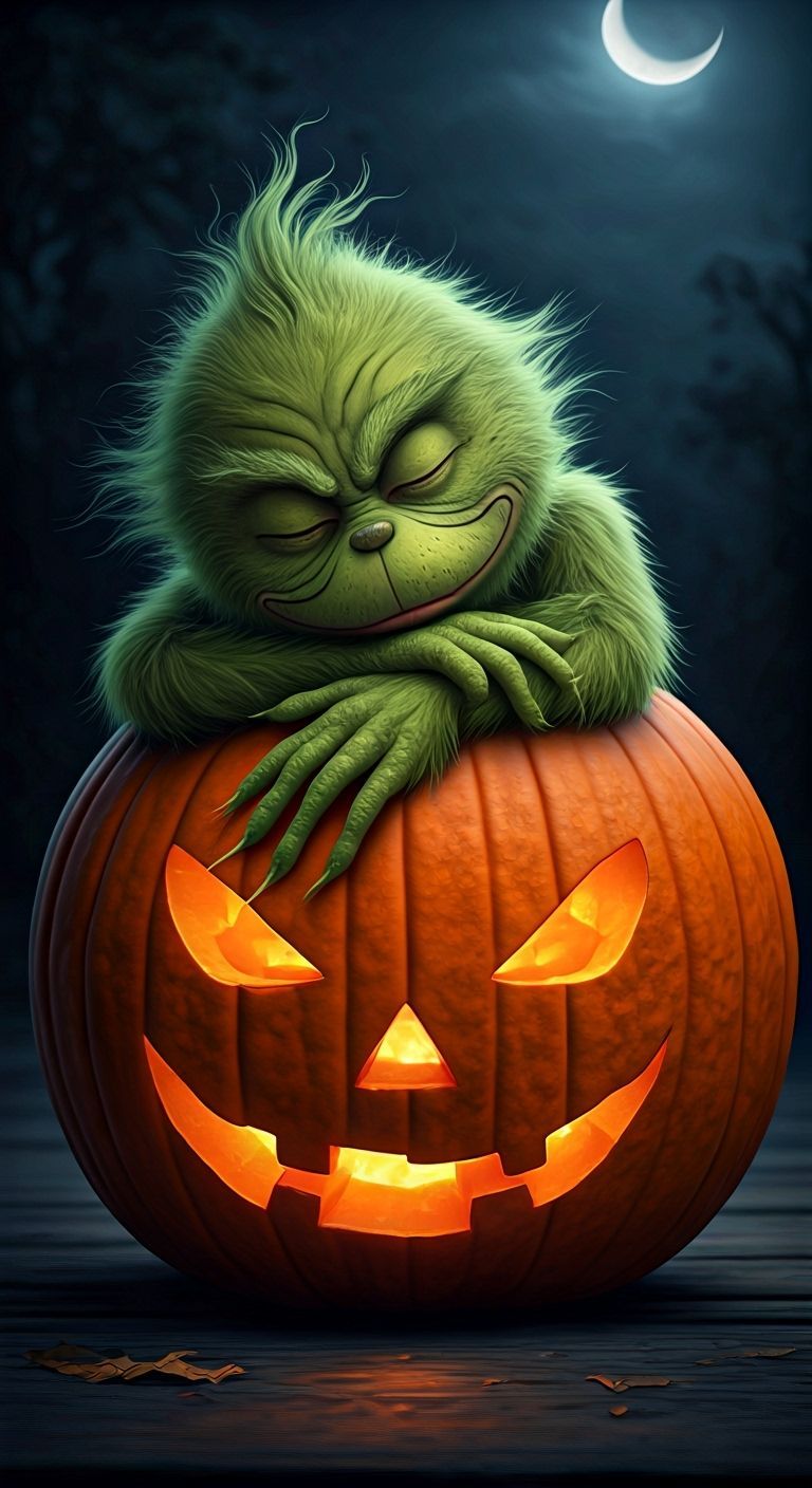 Halloween Pumpkin with Grinch-like Creature Under Moonlight