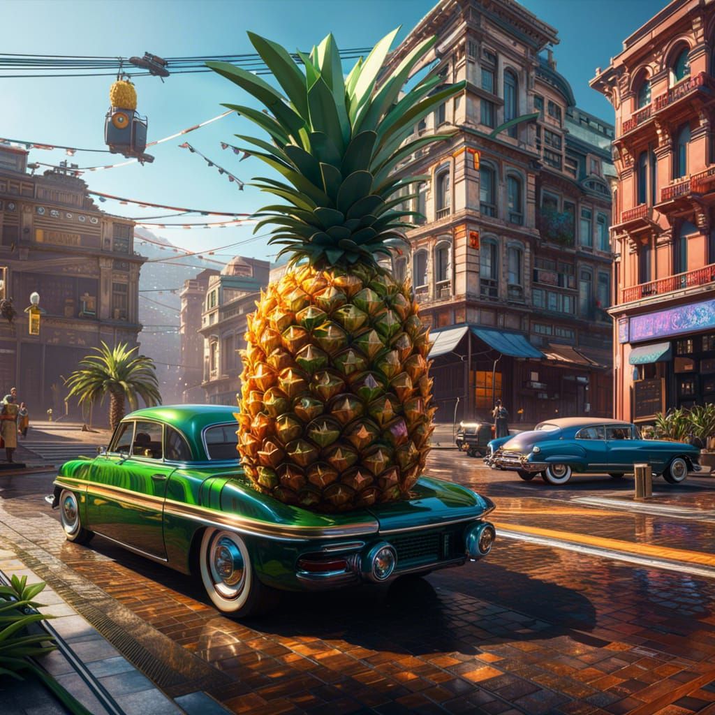 Psychedelic Pineapple Car in Urban Landscape