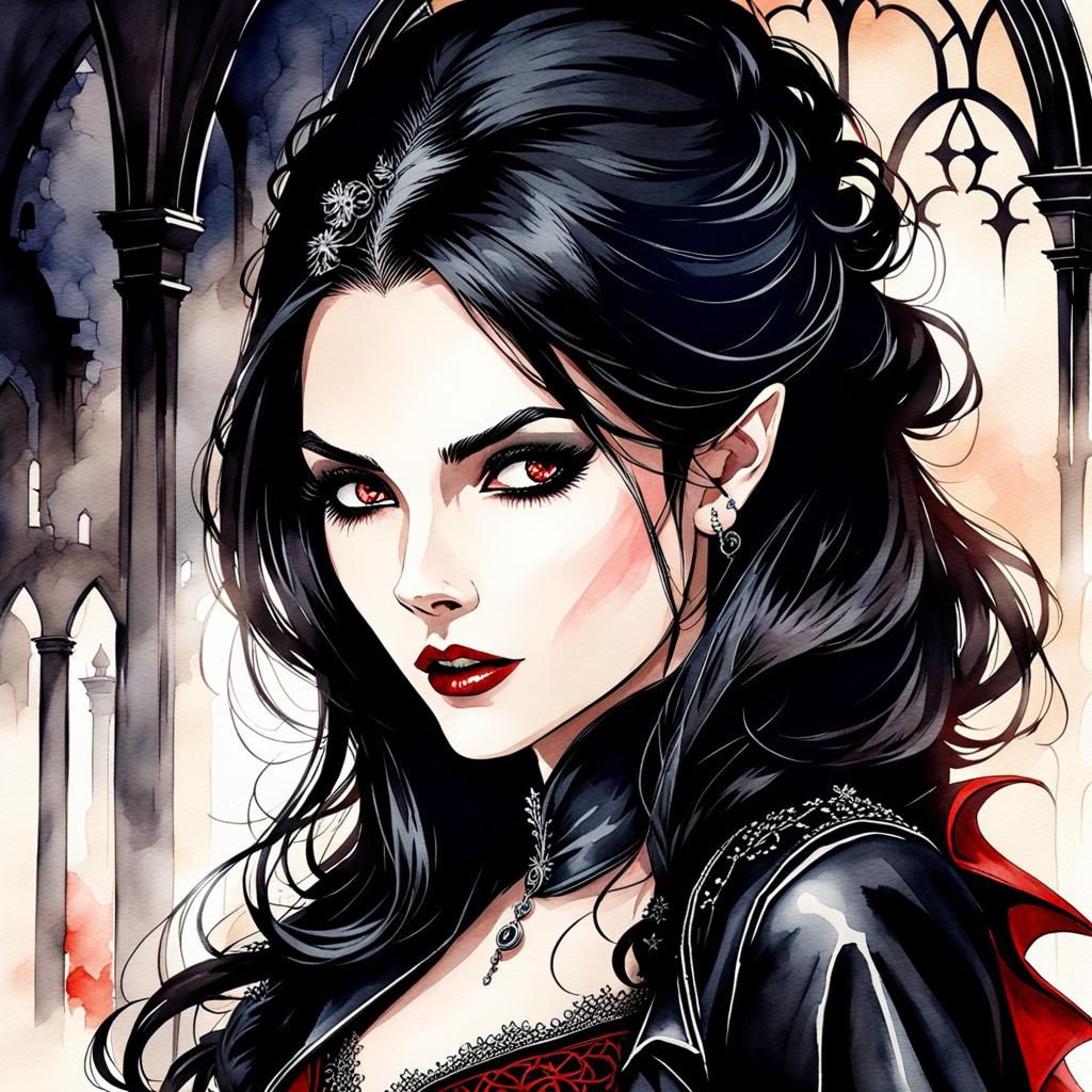 Watercolor Gothic Vampire in Dark Cellar