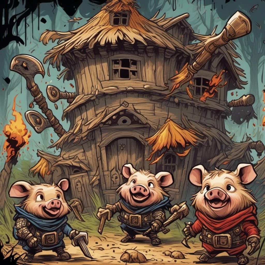 Pigs Attack House in Woodcut Style