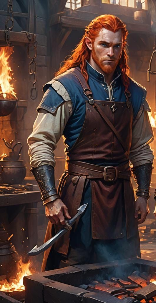 a long red  haired bearded male elf  is standing in a forge, and next to him stands a male elf clean shaven,with long bl...