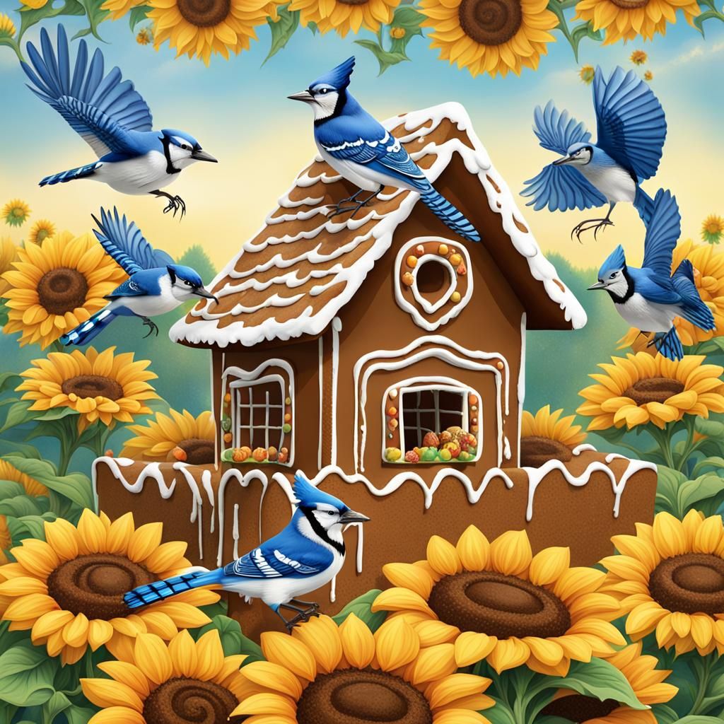 Blue Jays and Gingerbread House in Sunflower Field