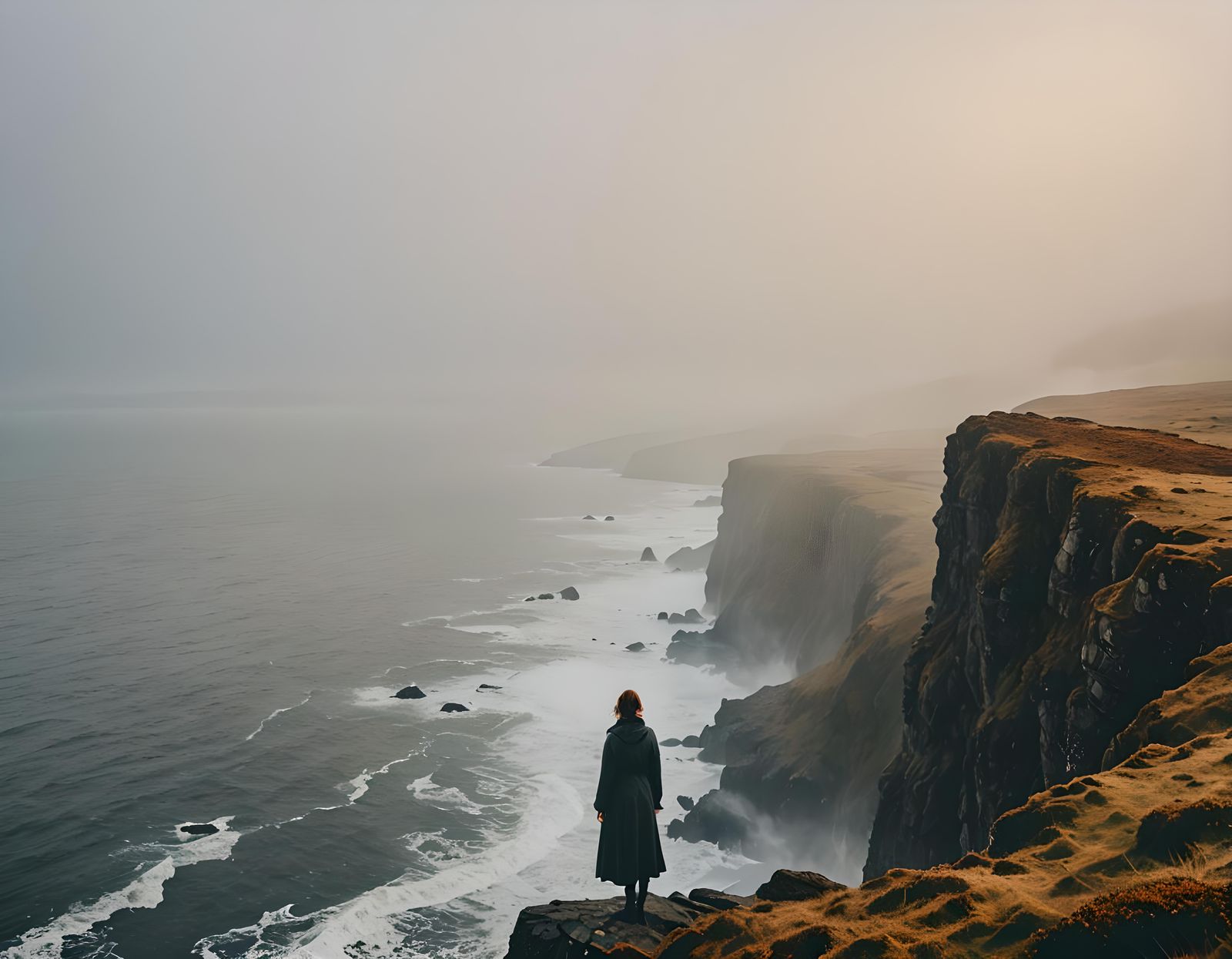Scottish Woman on Foggy Cliff at Golden Hour