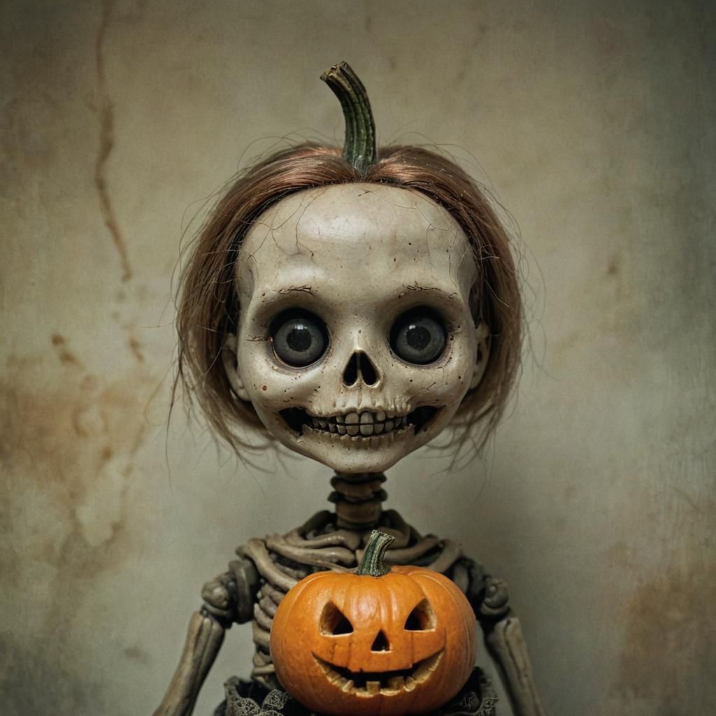 Eerie Doll with Pumpkin Head in Dark Surrealism