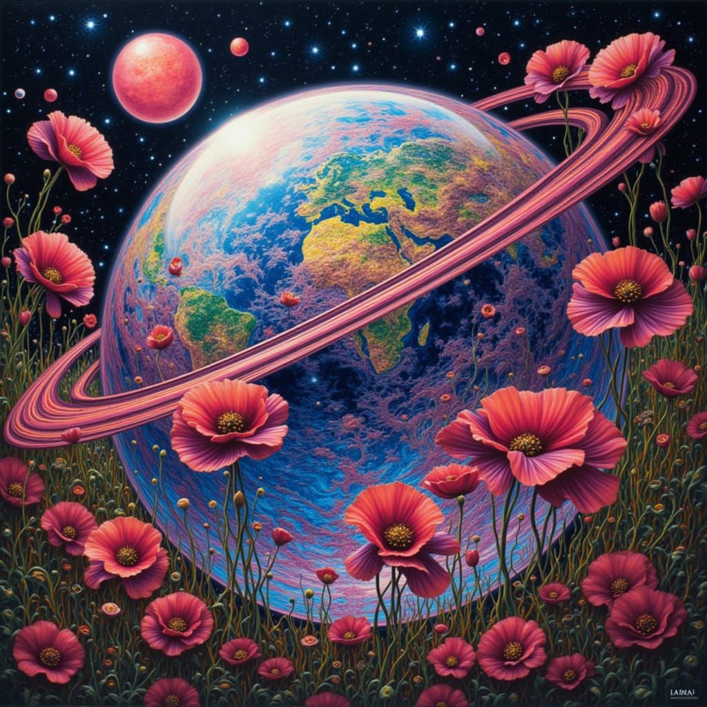 Psychedelic Earth Globe with Saturn Rings