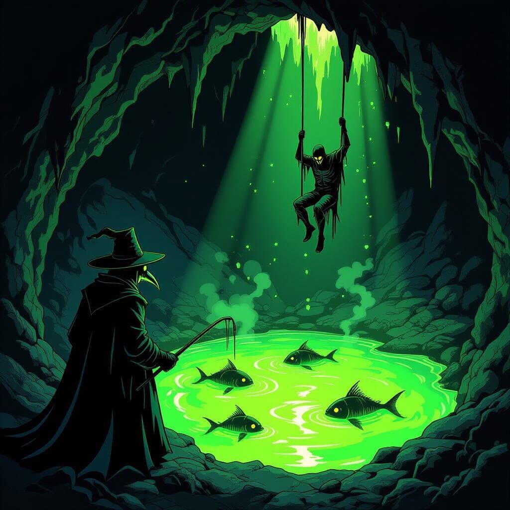 Plague Doctor in Toxic Cave with Radioactive Anglerfish