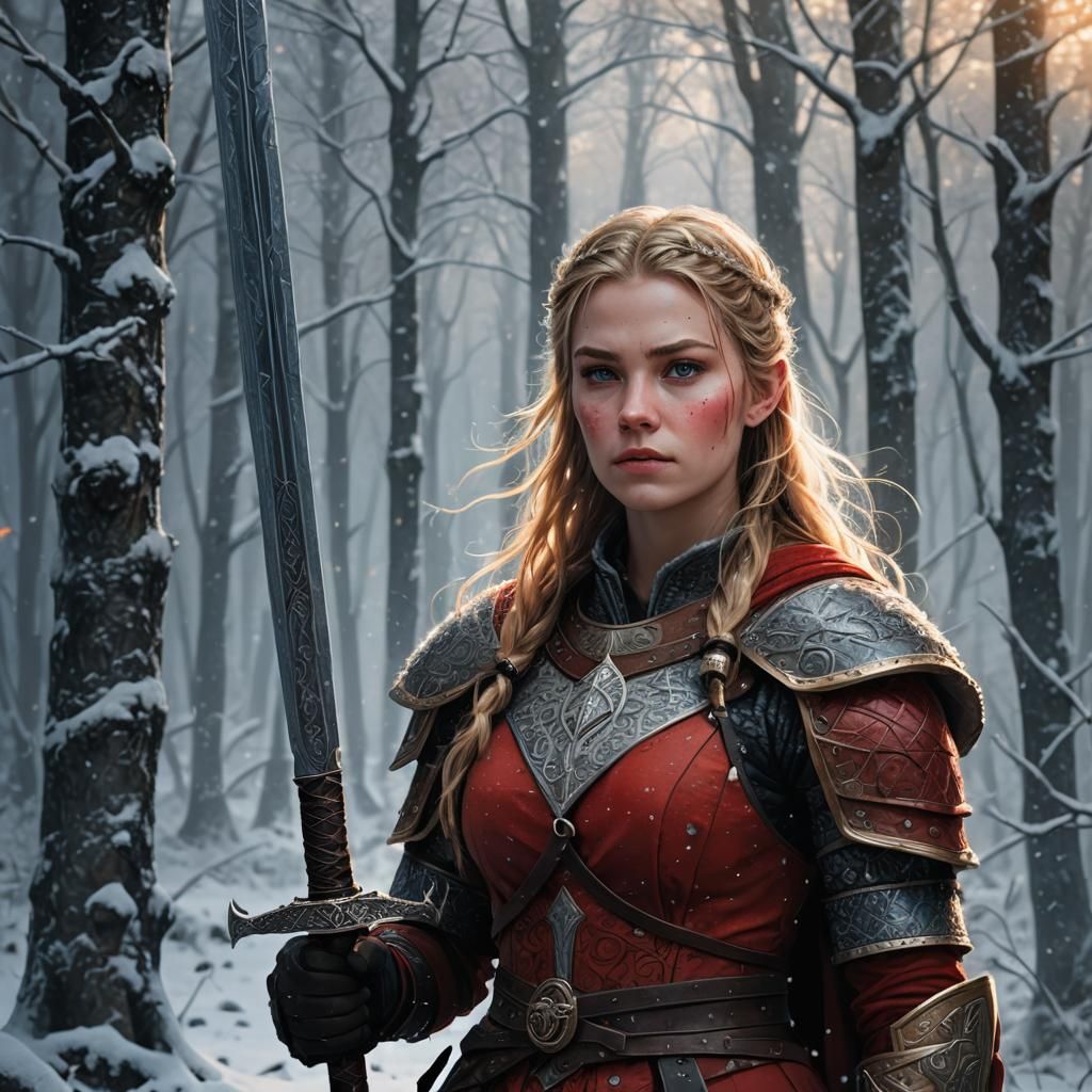 Viking Girl in Red Armor, Digital Fantasy Painting