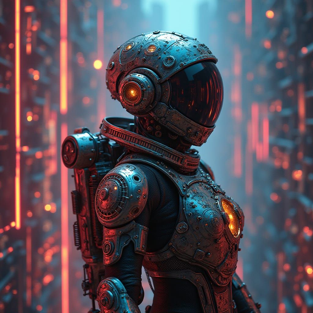 Clockpunk cyberpunk astronaut in cyberspace