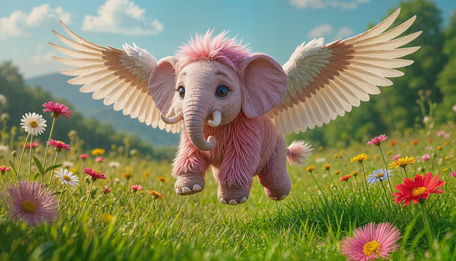Pink Elephant Soars Over Wildflower Field