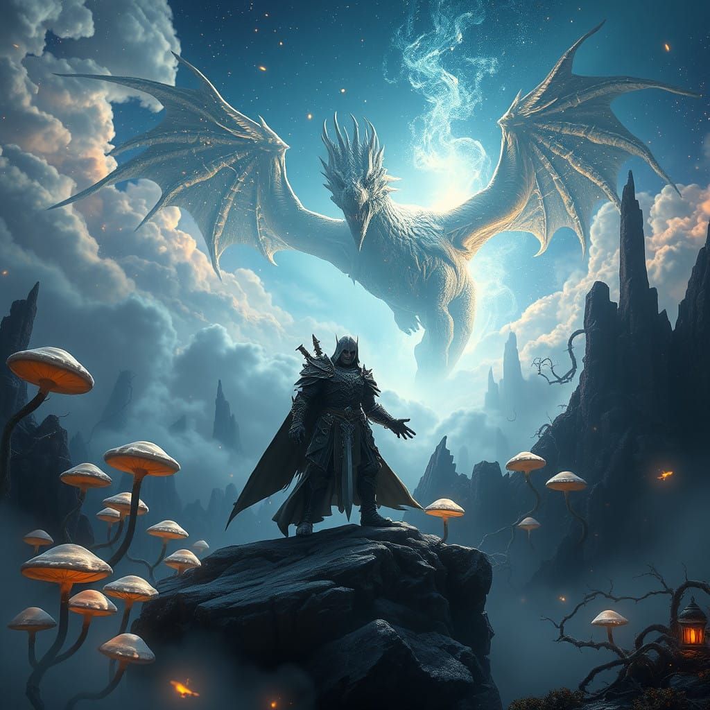 Ethereal Warrior Stands Against Ancient Dragon