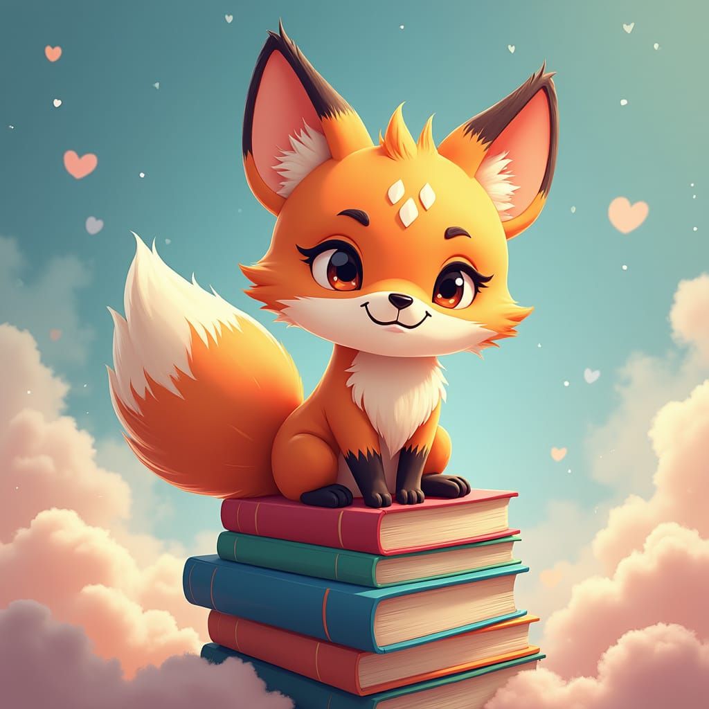 Anime Fox Kit Logo with Storybooks and Ethereal Mist