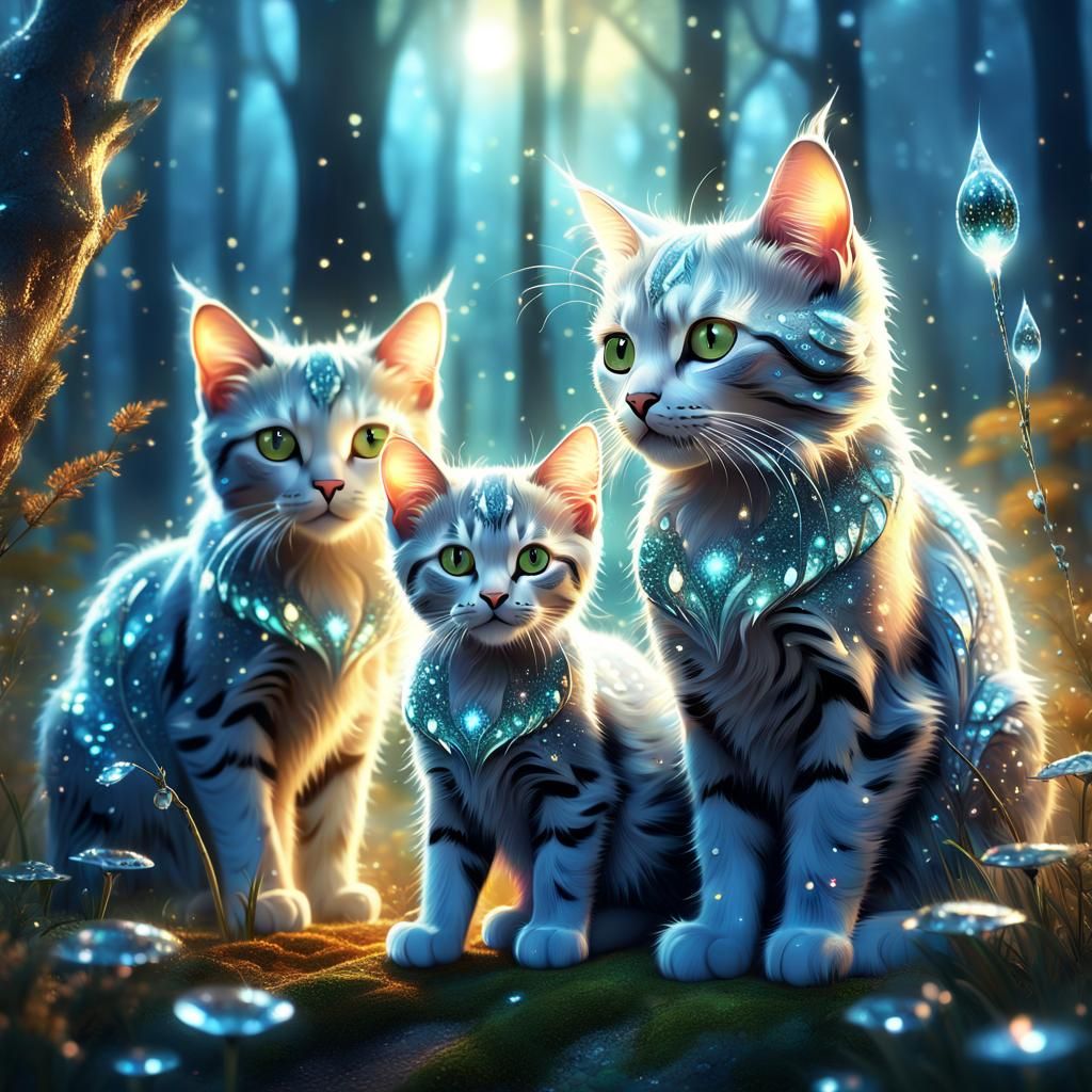 Mama Cat and Kittens in a Magical Forest