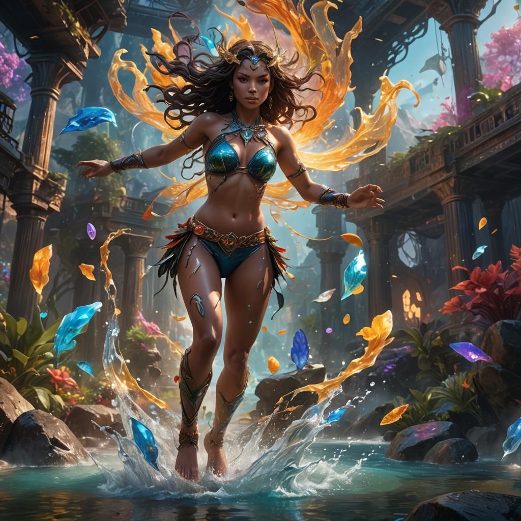 Fantasy Woman Strikes Powerful Pose in Vibrant Landscape