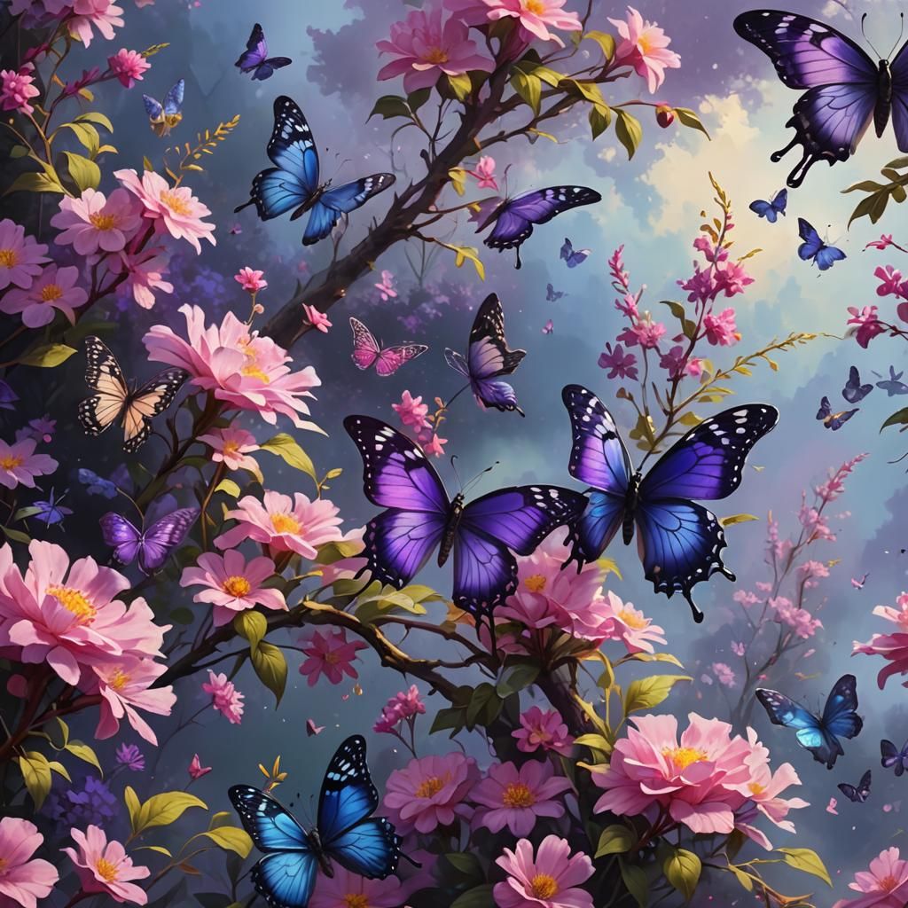 Purple Butterfly and Pink Flowers Oil Painting