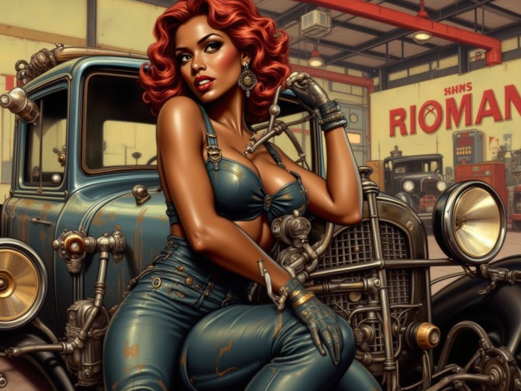 1940s Pin-Up Mechanic with Red Hair Holding Wrench
