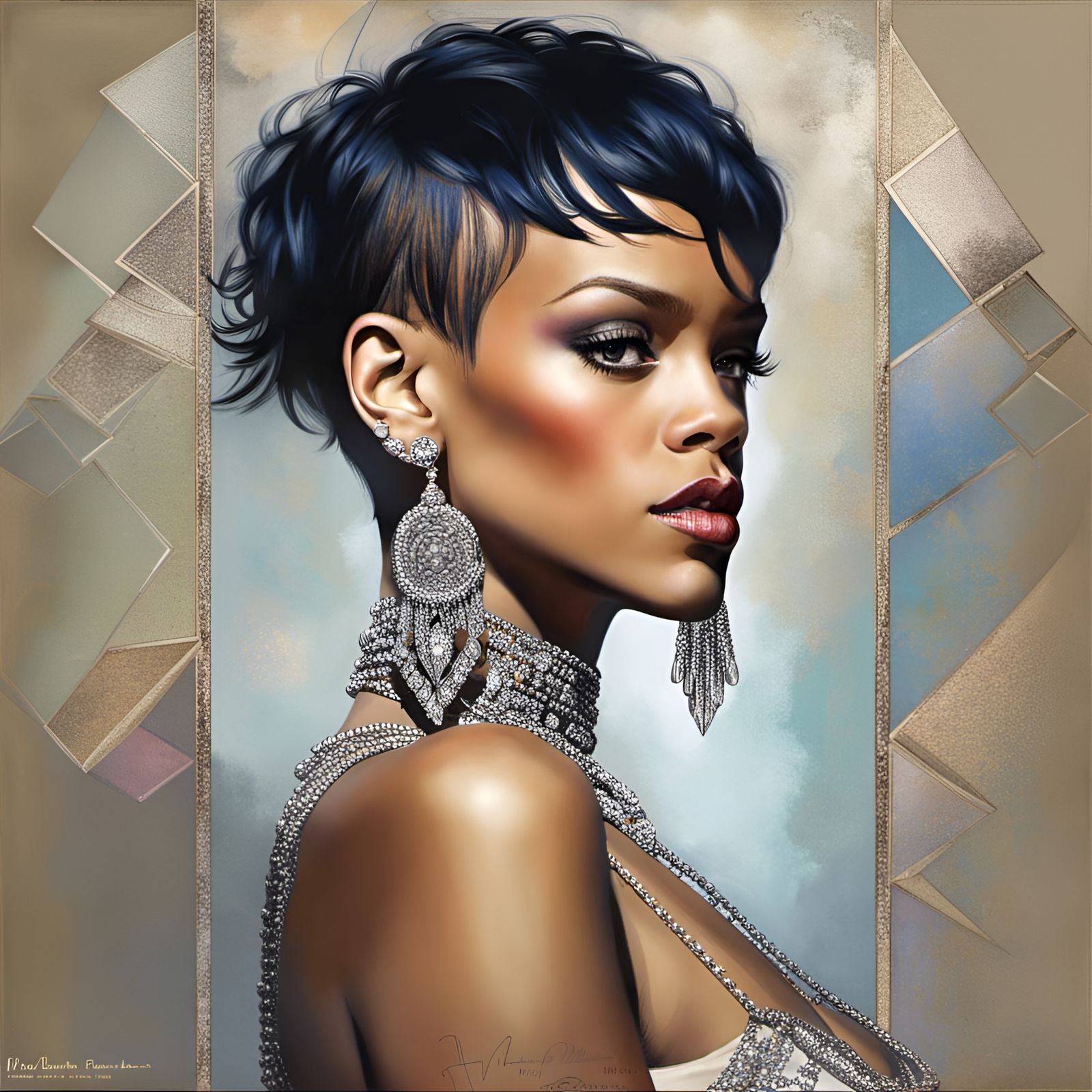 Diamond-Adorned Rihanna Portrait in Hyperrealistic Style