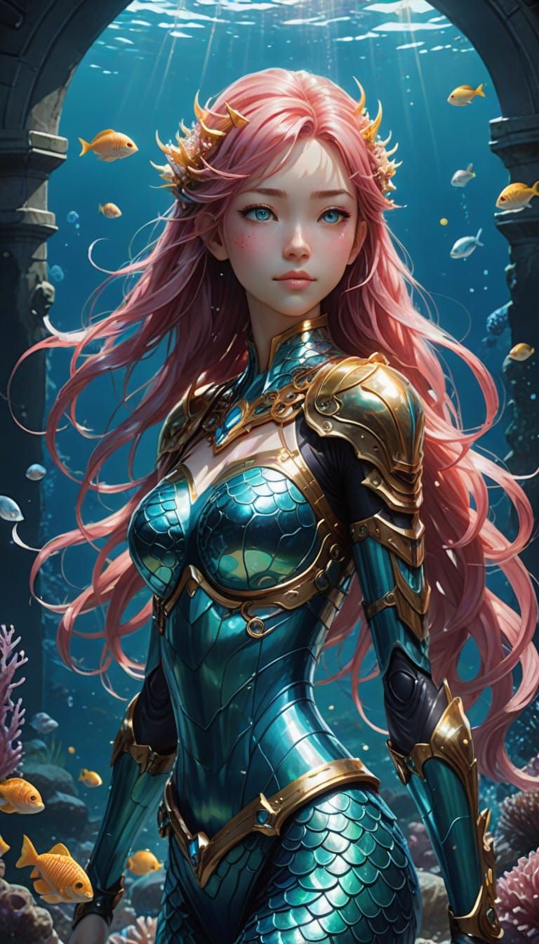 Ethereal Mermaid Knight in Shimmering Silver and Aqua Armor