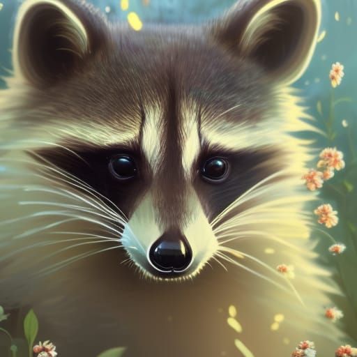 Raccoon with Star Eyes in Floral Portrait