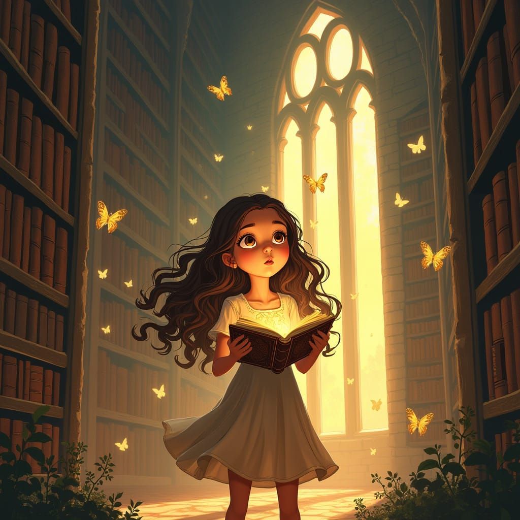 Whimsical Library Scene in Digital Comic Style