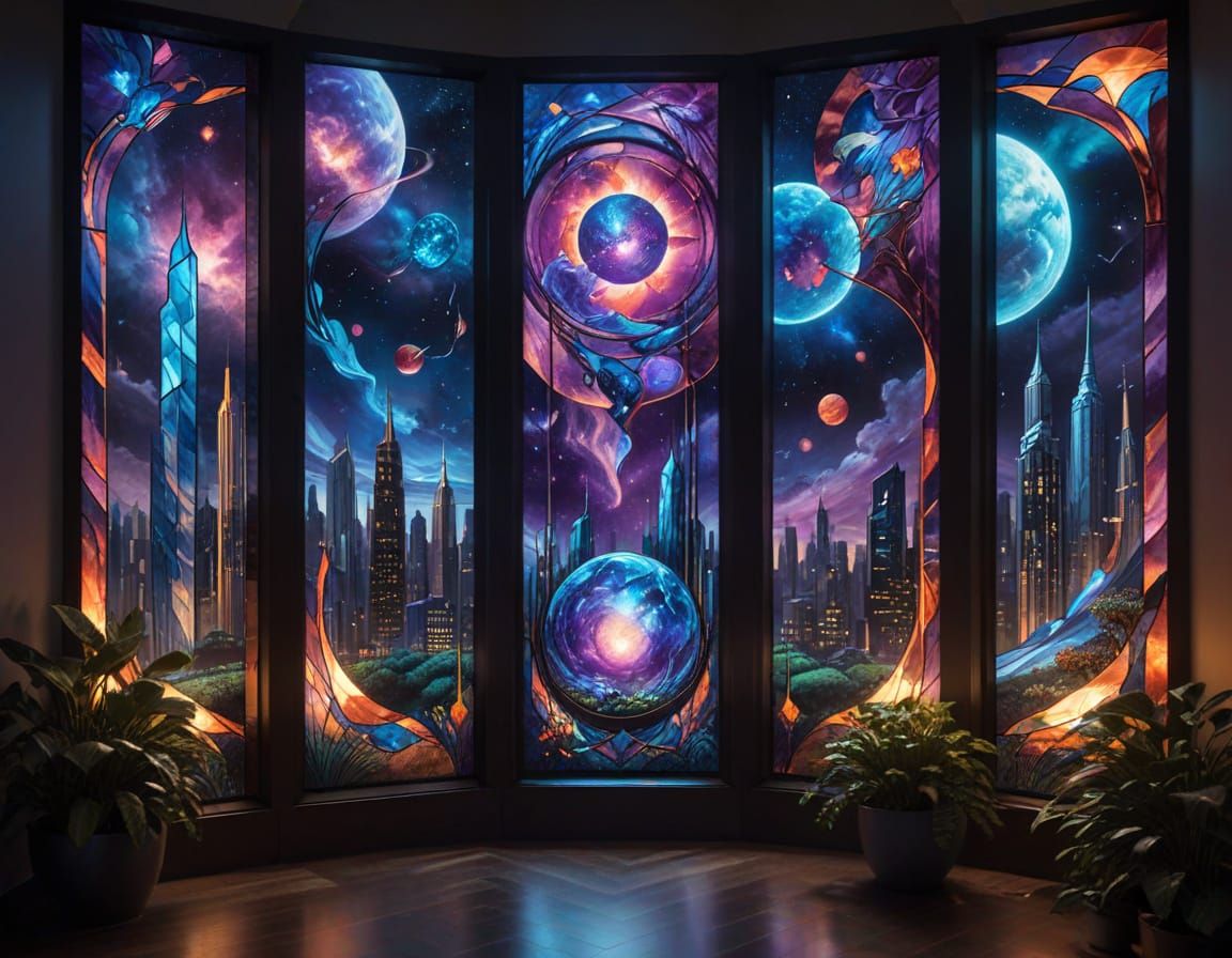 Futuristic city and galaxy through stained glass panels