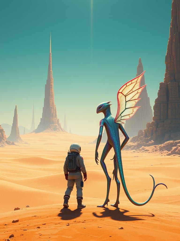 Surreal Explorer Discovers Glowing Spires in Arid Landscape