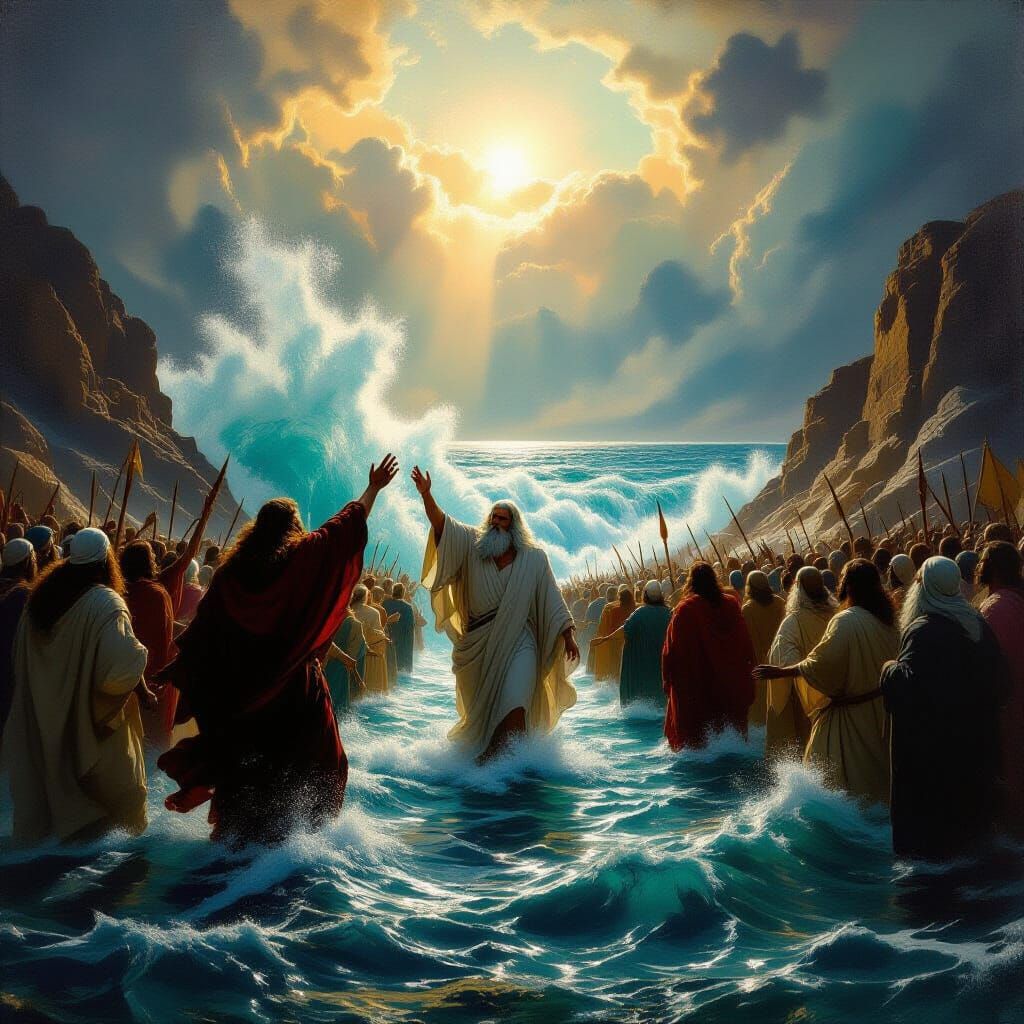 Moses Parts Red Sea, Followers Witness Divine Miracle