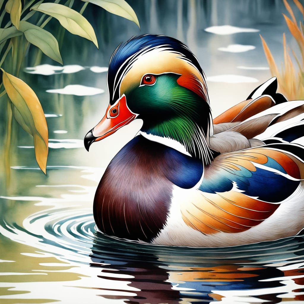 Regal Mandarin Duck in Chinese Watercolor