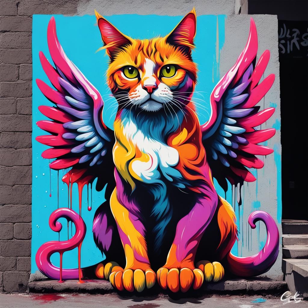 Winged Cat in Graffiti Splash Art Style
