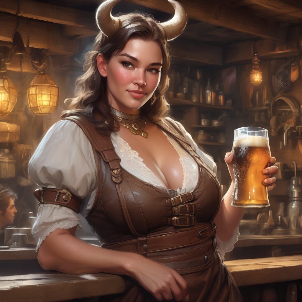 Cow-Woman Barkeep Serving Ale in Fantasy Tavern