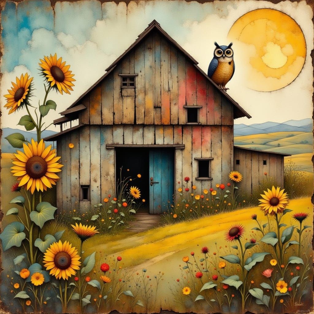 Barn Owl on Rustic Barn in Fauvist Sunflower Field