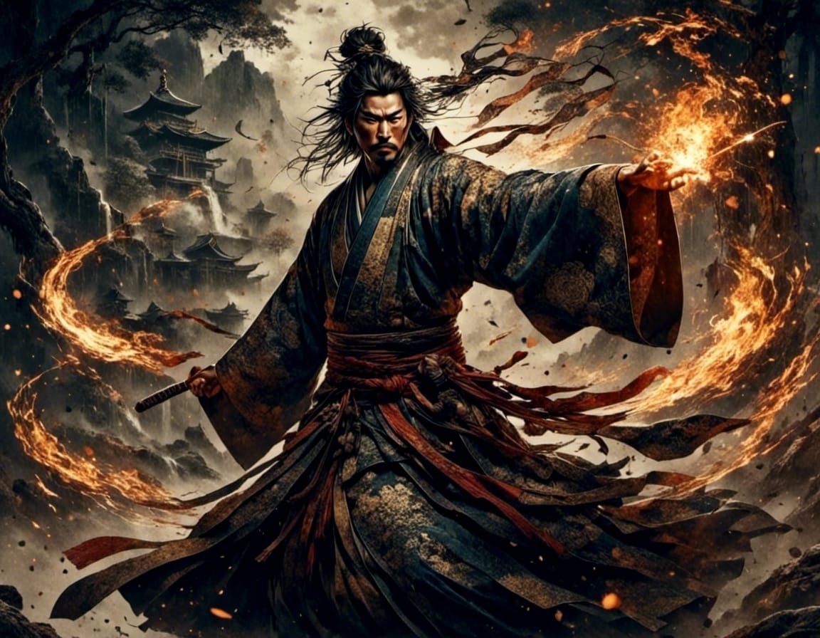 Feudal Japanese Sorcerer in Dramatic Battle Pose