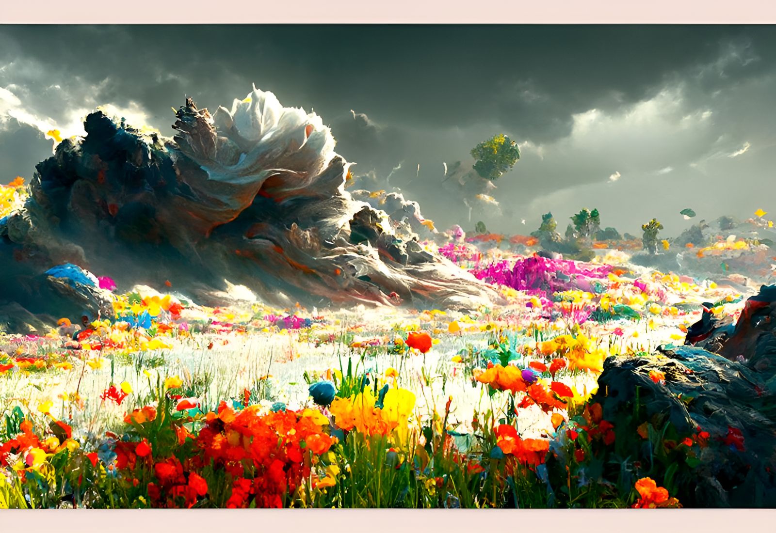 Flower Petal Storm over Desert Landscape