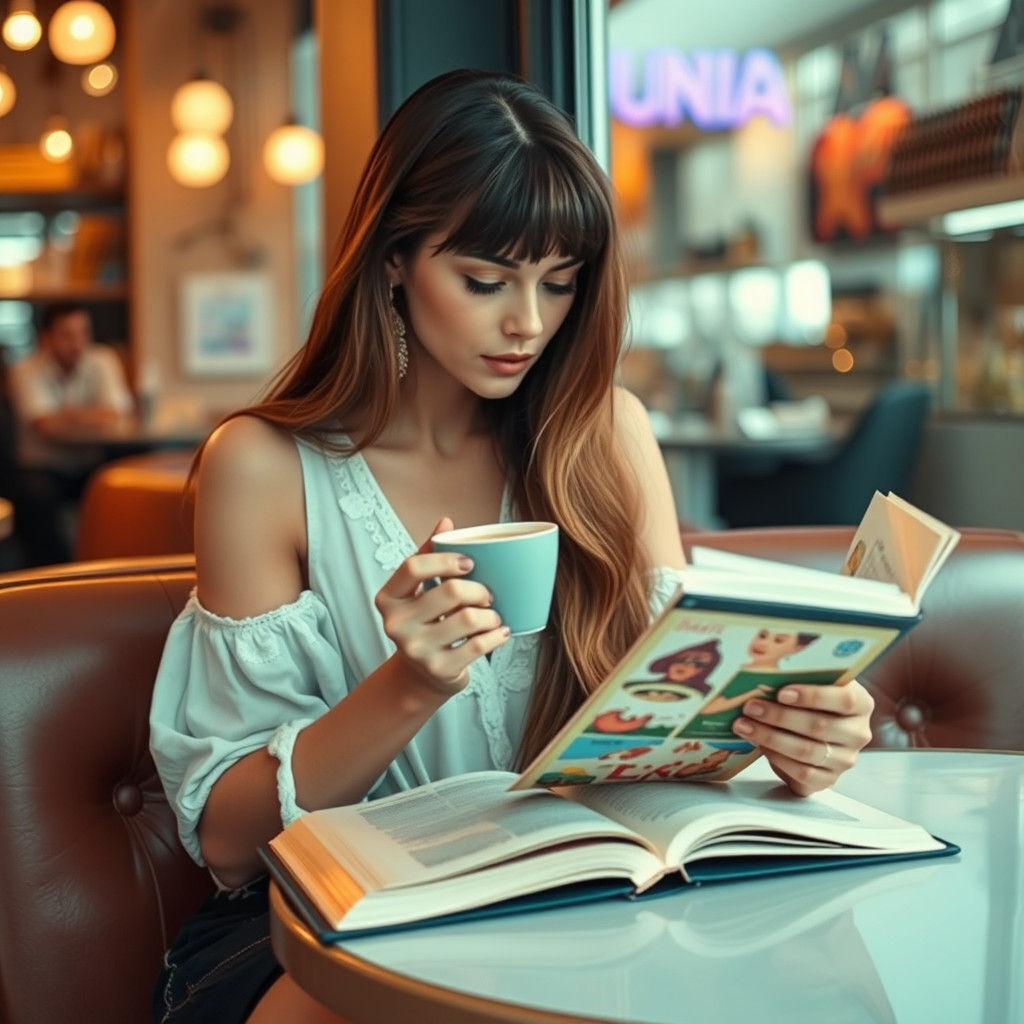 Woman Reading at Bar with Coffee, Soft Colors