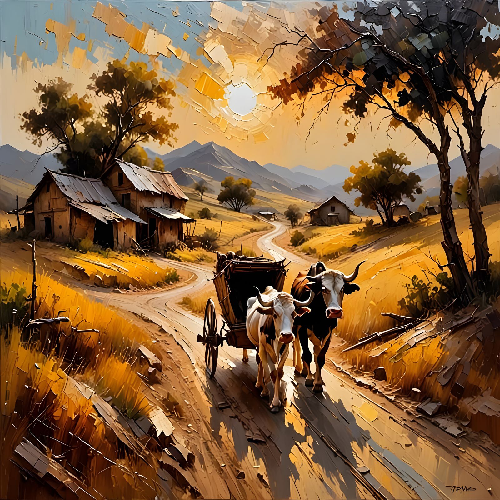 Rustic Oxcart Scene as Impasto Painting